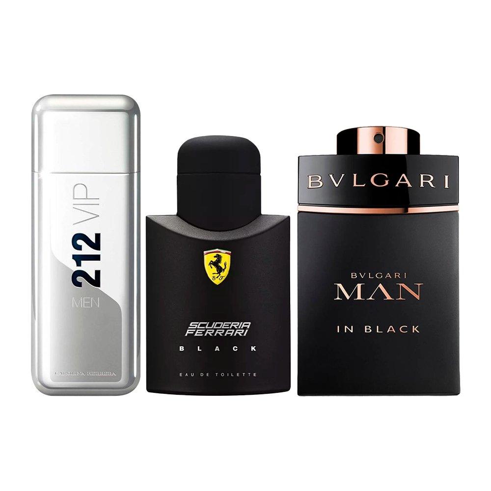 Combo de 3 Perfumes Masculinos - 212 VIP, Ferrari Black e Bvlgari In Black - Useizibr